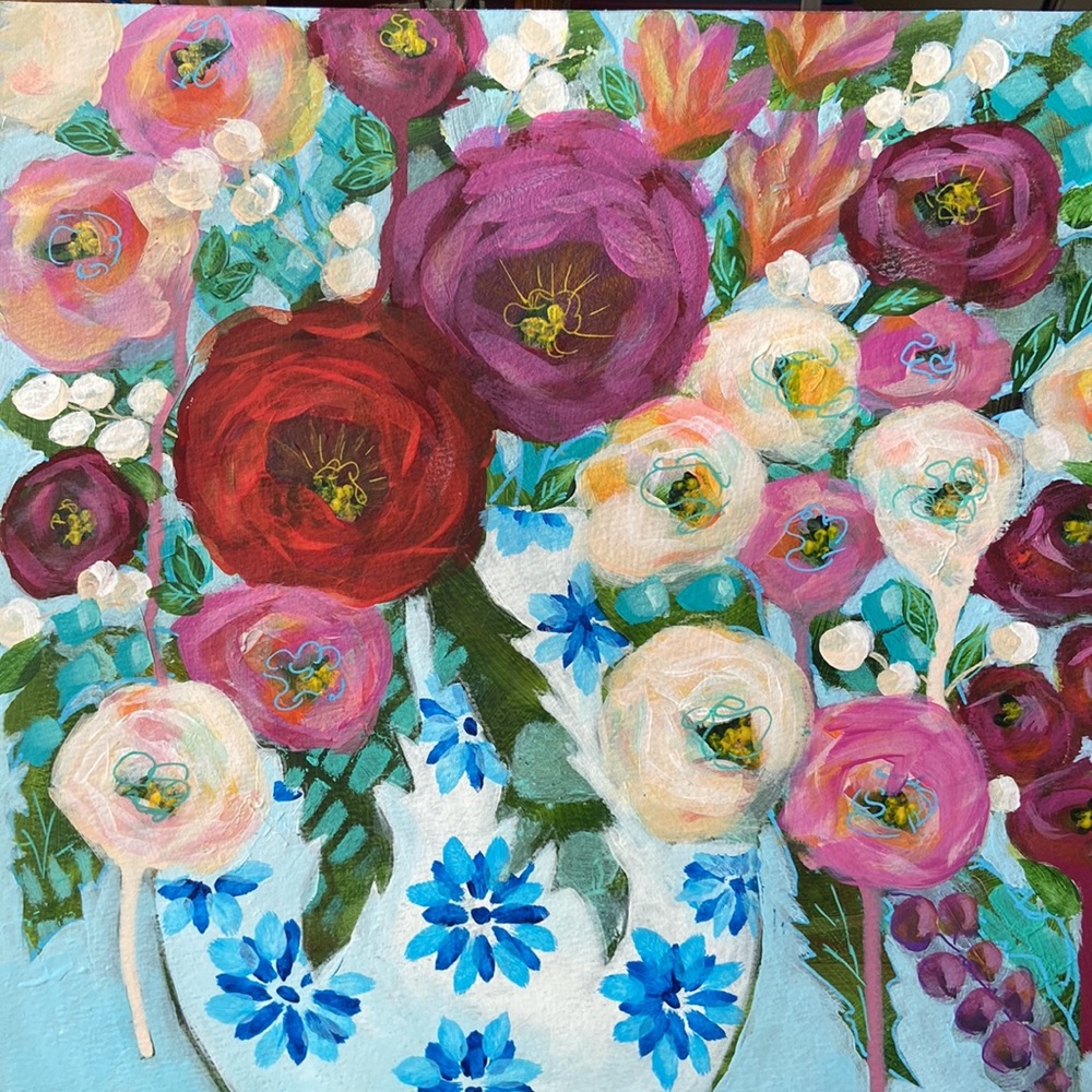 Abstract Floral Painting 12 X 12" on Wooden Canvas Pink White and Red Roses